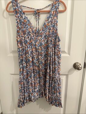 Millibon Blue Floral Tiered Dress with Rust and White Accents